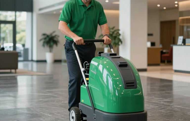 A professional North American / US janitor in a green polo shirt operating an industrial floor scrubber in a wide, modern lobby. The floor is polished dark grey stone reflecting bright, professional lighting. The atmosphere is clean, corporate, and efficient.
