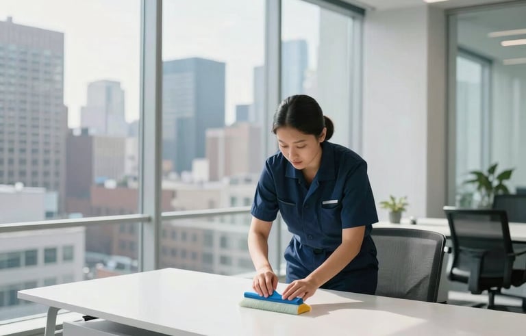 A wide-angle, bright interior photograph of a modern glass-walled corporate office in Long Island City, North American / US. A professional cleaner in a dark blue uniform is dusting a clean white desk. Natural light streams through large windows showing a cityscape background.