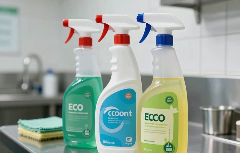 Close-up photography of professional janitorial equipment and eco-friendly cleaning supplies in a sanitized office breakroom in North American / US. Background features gleaming white tiles and stainless steel surfaces, reflecting high-quality hygiene standards.