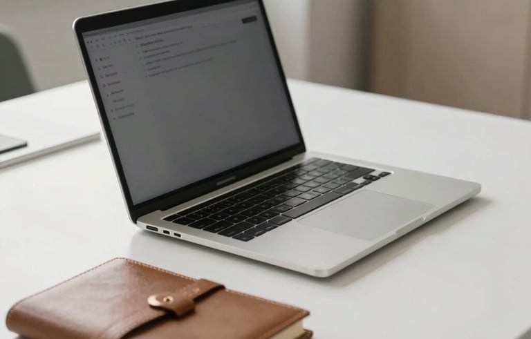 A high-end, minimalist desk setup in a bright North American office. A sleek silver laptop sits on a white desk next to a leather planner. The lighting is soft and natural, emphasizing a premium professional environment with hints of soft gray and beige.