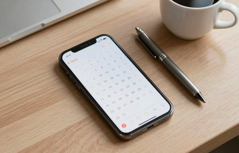 A top-down view of a modern workstation. A smartphone displays a digital calendar with scheduled appointments. Beside it, a clean cup of coffee and a designer pen on a light wood surface. North American / US style interior.