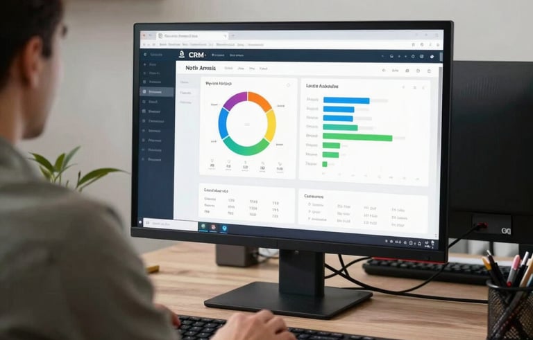 A professional real estate agent's home office in North America. A large monitor displays a sophisticated CRM dashboard with colorful charts. The room is modern and clean, with black and gold accents in the decor.