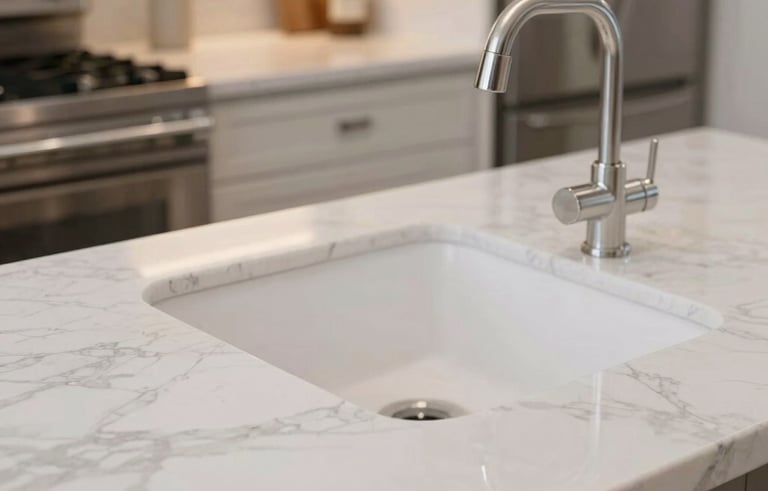 Close-up photography of a pristine North American kitchen. White marble countertops sparkle under warm lighting. A clean sink and stainless steel appliances are visible, emphasizing hygiene.