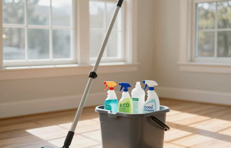 A bright and airy North American home interior with large windows letting in natural sunlight. A professional cleaning bucket with eco-friendly supplies sits on a polished wooden floor. The atmosphere is fresh, clean, and modern.