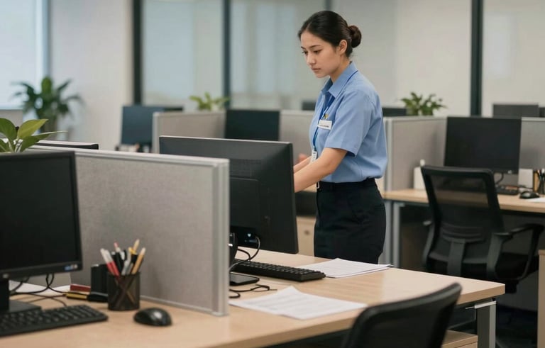 A professional North American office environment with glass partitions and organized desks. The lighting is soft. In the background, a cleaner in a neat uniform is maintaining the space.