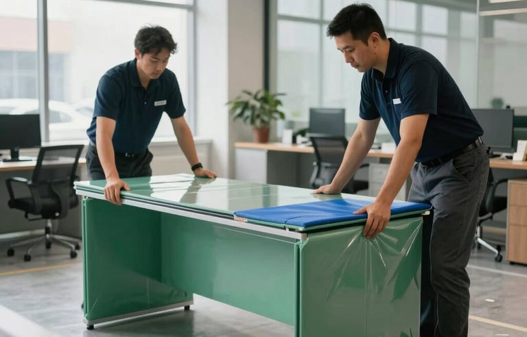Moving professionals carefully wrapping a modern glass office desk with protective green and blue padding inside a bright North American commercial building.
