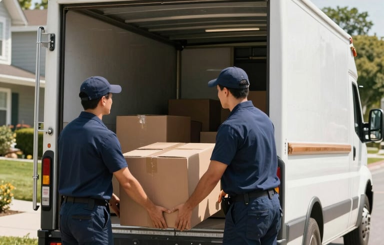 Professional movers in navy blue uniforms carefully loading a large cardboard box into a clean white moving truck parked in a sunny North American suburban neighborhood.