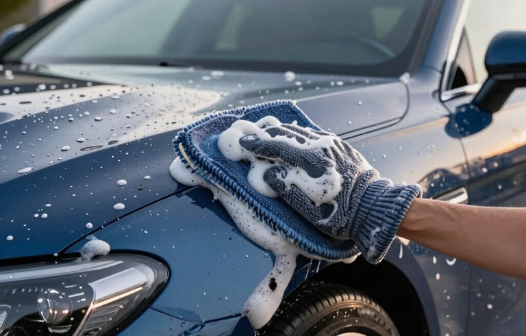 Professional close-up of a high-end car being hand-washed with premium microfiber mitts and thick suds, North American / US residential setting, soft morning daylight, steel blue and navy tones in the background.