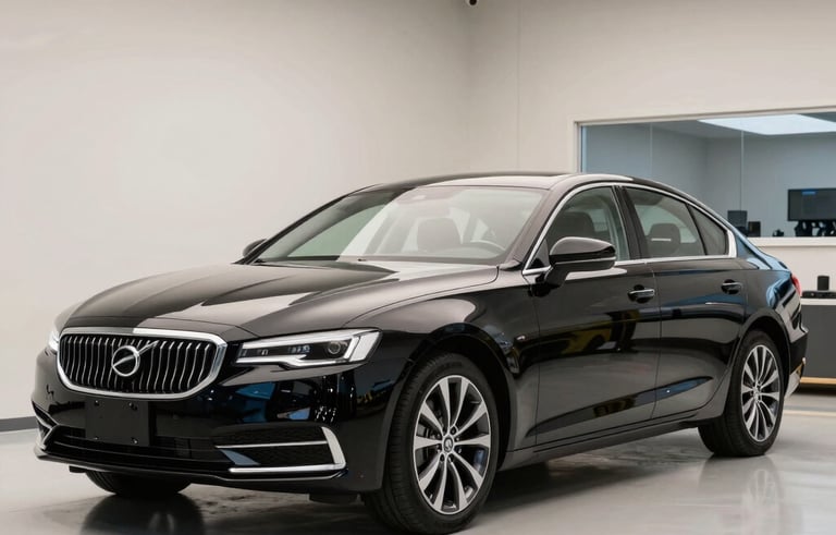 A polished black sedan reflecting the scenic North American / US landscape of New Hampshire, professional detailing workshop environment, sleek and modern lighting, off-white and steel blue accents.