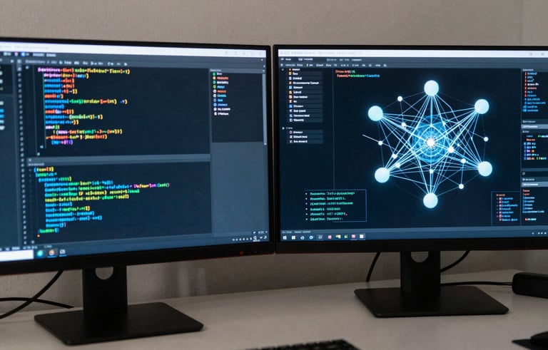 A close-up of a high-tech North American / US workspace. Dual monitors showing complex code and artificial intelligence neural network diagrams. The room is dimly lit with medium blue and off-white accents, conveying deep technical expertise.