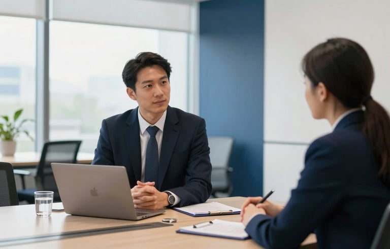 A professional business setting in a North American / US corporate office. A modern meeting room where a tech recruiter is conducting an interview with a candidate. Natural daylight coming through large windows, clean lines, and navy blue and off-white accents in the interior design.