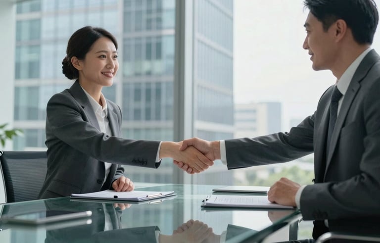Two business professionals shaking hands across a glass conference table in a North American / US high-rise building. A clean, professional atmosphere with daylight and a backdrop of modern office architecture.