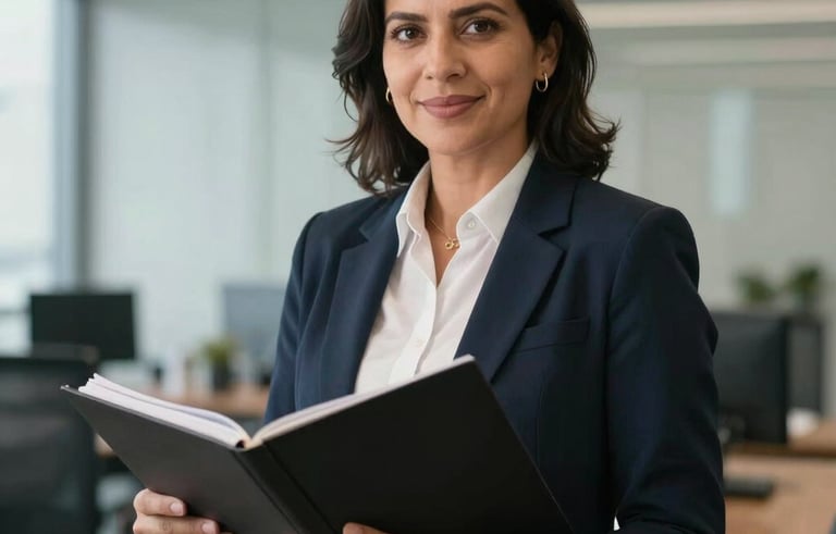A confident South American entrepreneur standing in a professional environment, holding a legal folder. The composition is clean and trustworthy, with a background of a modern office and lighting that highlights professional reliability.