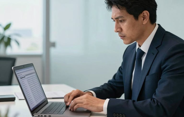 A focused professional in a modern South American office, reviewing brand availability on a laptop screen with a clean workspace and soft natural lighting. The scene uses tones of dark navy and light blue to convey authority and precision.