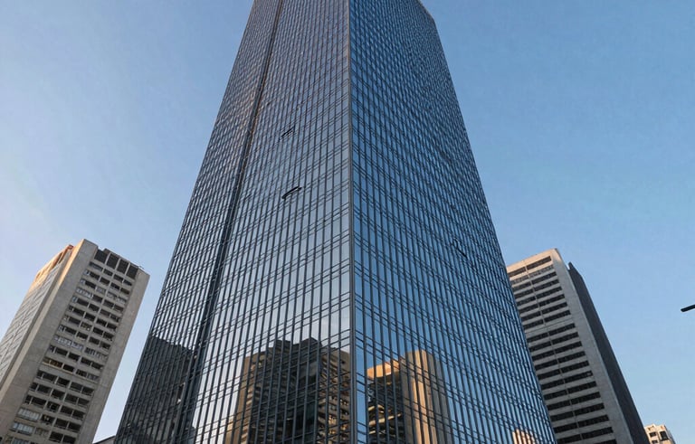 An architectural low-angle photograph of a modern glass skyscraper in a Brazilian business district like Paulista Avenue, reflecting the blue sky and surrounding cityscape, symbolizing corporate stability and growth.