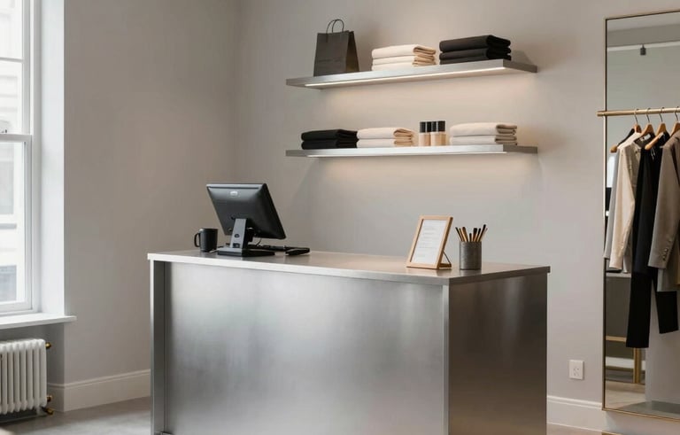An interior shot of a sophisticated small boutique or professional studio in North America. The lighting is soft and natural, highlighting a clean, organized space with silver and light grey decor.