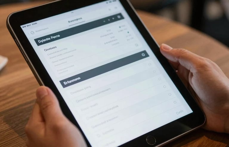 A close-up of a tablet being used by a professional in a North American cafe. The screen shows a clean, organized layout, reflecting efficiency and modern technology in a relaxed, sophisticated setting.