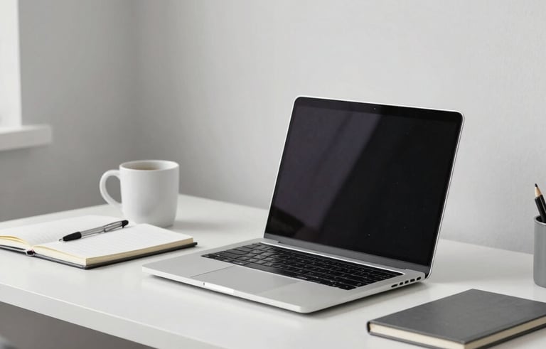 A clean, modern home office desk in North America with a laptop, a notebook, and a coffee mug. The setting is bright and professional with light grey and white walls, emphasizing a minimalist and trustworthy workspace.