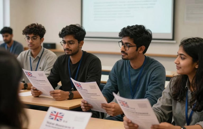 A group of enthusiastic South Asian students in a bright seminar room attending a pre-departure orientation. They are holding UK university brochures and looking at a presentation about student life in Manchester. Warm, encouraging global atmosphere.