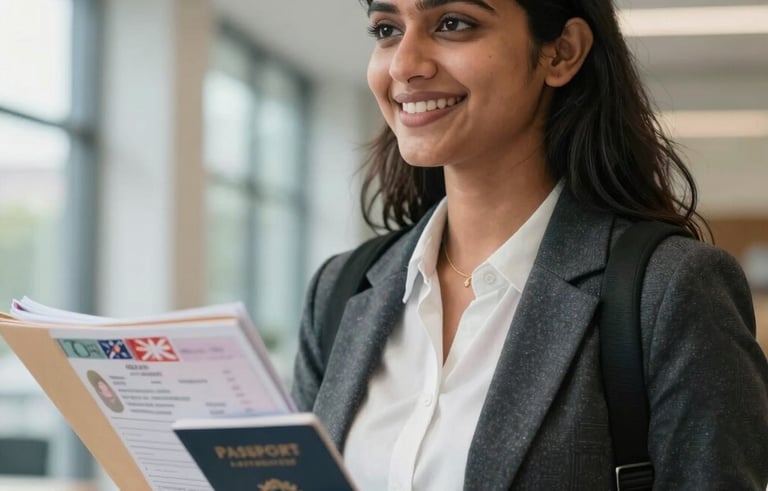 Close-up of a happy South Asian female student in her early twenties, dressed in smart casual attire, holding a folder of visa documents and a UK passport. She is standing in a brightly lit modern building with a sense of achievement and global aspiration.