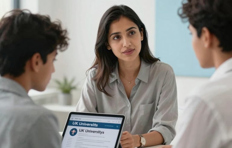 A professional female counselor in a modern office advising a young South Asian male student. They are looking at a tablet showing top UK universities. The atmosphere is supportive and professional, with soft natural light and a clean white and light blue background.