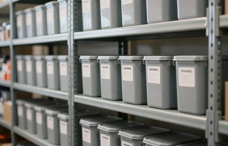 Professional photography of an organized and modern stockroom in a Latin American and Spanish SMB setting. Clean steel shelving with neatly labeled containers. Warm natural lighting creates an efficient and reliable operational scene with soft slate grey tones.