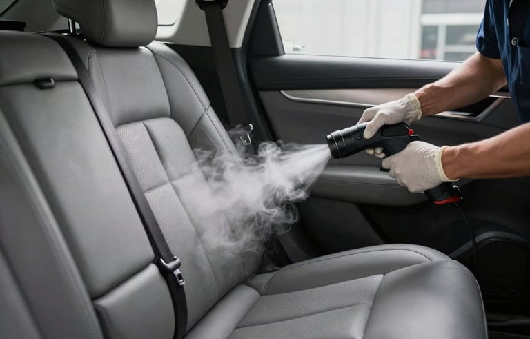 Photography of a professional technician performing steam cleaning on the upholstery of a high-end vehicle. The interior is a medium gray leather, and the steam is visible, conveying deep sanitation. Professional North American auto detailing studio environment with crisp lighting.