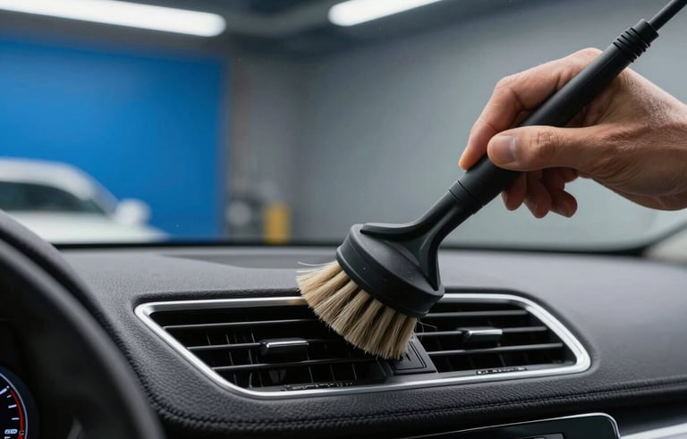 A close-up photograph of a professional car detailer's hand using a soft brush to clean the intricate vents of a luxury car dashboard. The setting is a clean, modern North American garage with bright blue and dark gray accents in the background. High-precision lighting highlights the dust-free surfaces.