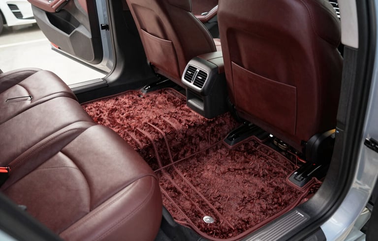 Professional photography of a showroom-ready car interior. The carpet is freshly extracted with perfect lines, and the leather seats look rich and conditioned. Modern North American aesthetic, bright daylight, emphasizing a sparkling perfection and premium finish.