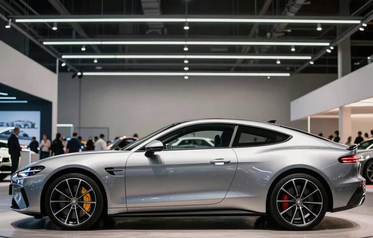 A side profile photograph of a sleek silver German grand tourer parked inside a brightly lit, modern industrial auction hall in the North American / European Luxury Automotive Market. The lighting is crisp and cinematic, highlighting the vehicle's aerodynamic curves and polished metallic finish.