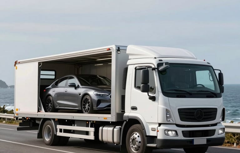 Action photography of an enclosed luxury car transporter on a scenic coastal road in the North American / European Luxury Automotive Market. The transport truck is clean and professional, symbolizing secure and discreet logistics for high-value vehicles.