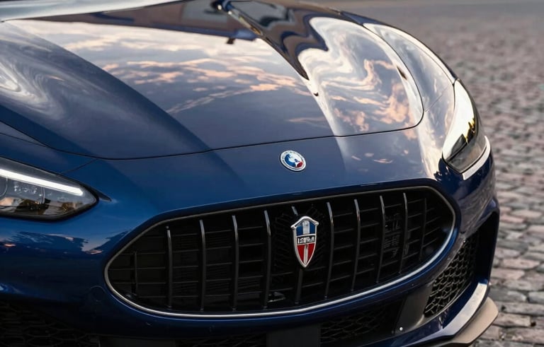 Close-up photography of a dark blue Italian sports car's front grille and emblem, reflecting a sunset sky. The car is situated in a cobblestone driveway of a luxury estate in the North American / European Luxury Automotive Market, evoking exclusivity and precision.