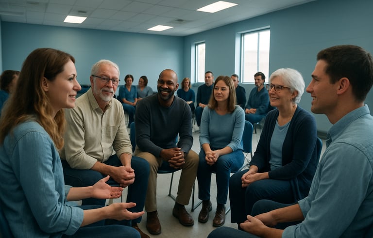 A wide-angle photography shot of a community town hall meeting in a North American setting. People are seated in a circle, engaged in positive dialogue within a modern facility. The color palette features air force blue and soft sky blue tones.