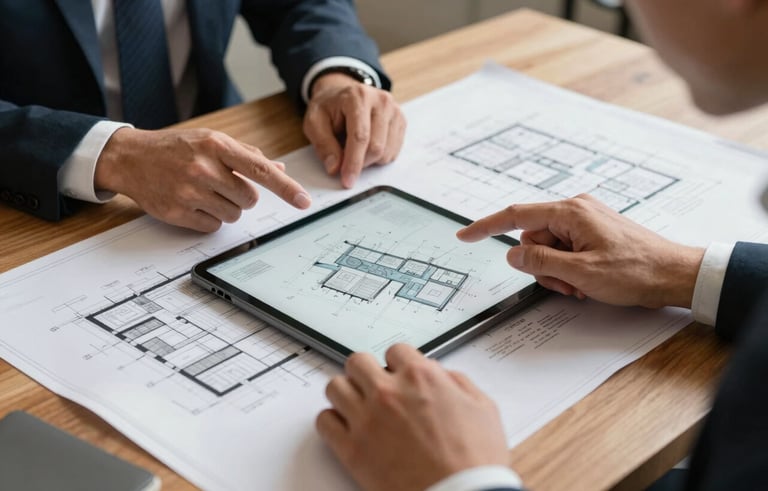 A professional photography shot of a strategy session with a digital tablet and architectural blueprints on a wooden table in a North American city hall. Hands are gesturing toward the screen, showcasing strategic planning and professional expertise.