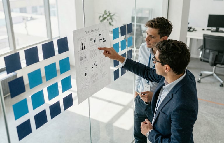 A high-angle photography shot of two professionals in a bright, modern North American office. They are reviewing a campaign storyboard on a glass wall decorated with navy and steel blue notes. Natural light floods the workspace, conveying a sense of clean, collaborative expertise.