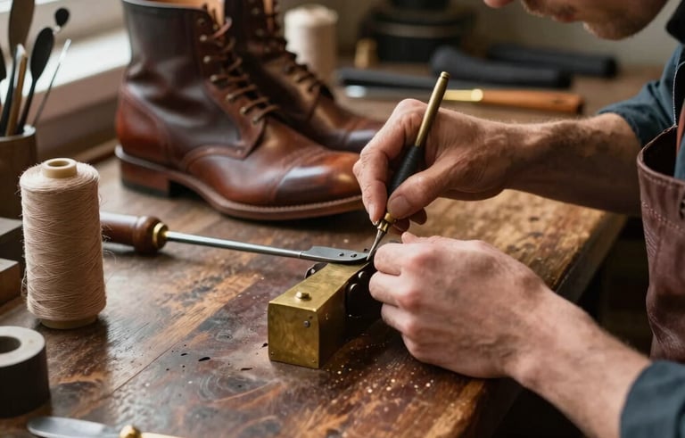 A close-up photograph of a professional cobbler's workbench in a Northern European workshop. Meticulous craftsmanship with high-quality leather boots, traditional brass tools, and rolls of thread. Soft natural light from a side window, emphasizing a trustworthy and traditional atmosphere with deep wood and leather tones.