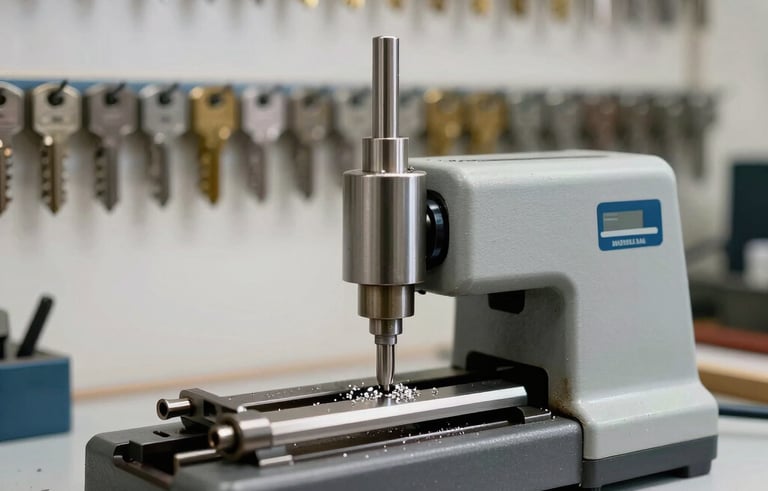 A focused shot of a modern key cutting machine in a Swedish locksmith shop. Metal shavings glisten on the machine surface. In the blurred background, rows of silver and brass key blanks hang neatly on a wall. The scene is bright and professional, suggesting precision and reliability.