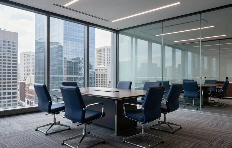 Wide shot of a contemporary glass boardroom in a US city skyscraper, sleek furniture, professional and efficient mood, daytime lighting, featuring palette colors of navy blue and grayish blue.