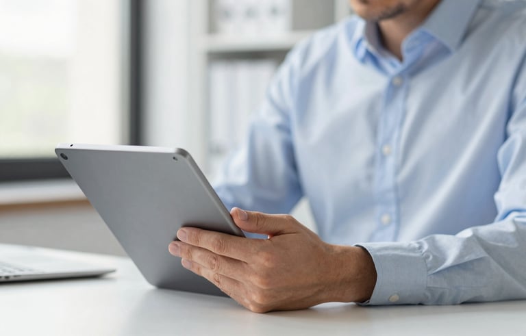 Close-up of a professional in business casual attire using a tablet in a bright, modern North American workspace, soft focus on the background, emphasizing clarity and efficiency with white and medium blue tones.