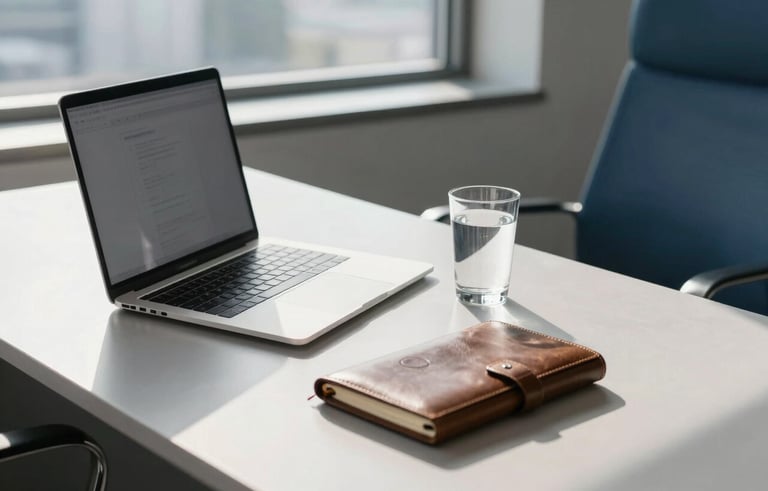 A high-end, clean North American office desk with a modern laptop, a leather journal, and a glass of water, bright natural sunlight coming through a window, professional and minimalist atmosphere with tones of light gray and medium blue.