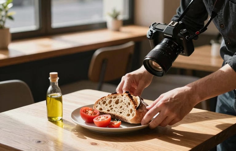 A cozy, Scandinavian-styled cafe interior with light oak tables. A professional content creator carefully styles a plate of fresh organic sourdough bread, heirloom tomatoes, and olive oil, capturing the scene with a high-end camera. Warm afternoon sun beams through a large window, creating a sophisticated and authentic atmosphere.