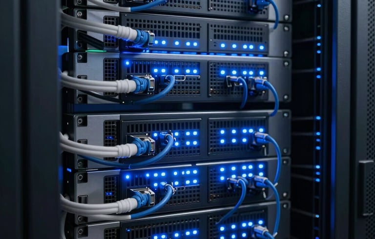 Close-up photography of a modern, professional server rack with blinking blue LED lights and organized cabling in a secure data center. The style is clean, sharp, and high-tech, emphasizing reliability and data security.
