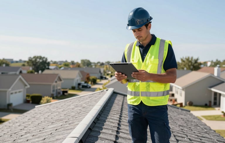 A professional roof inspector in a safety vest and hard hat walking on a suburban North American roof, holding a tablet to document findings, bright clear daylight, professional and trustworthy mood, high contrast colors with deep blue-gray and light gray accents.