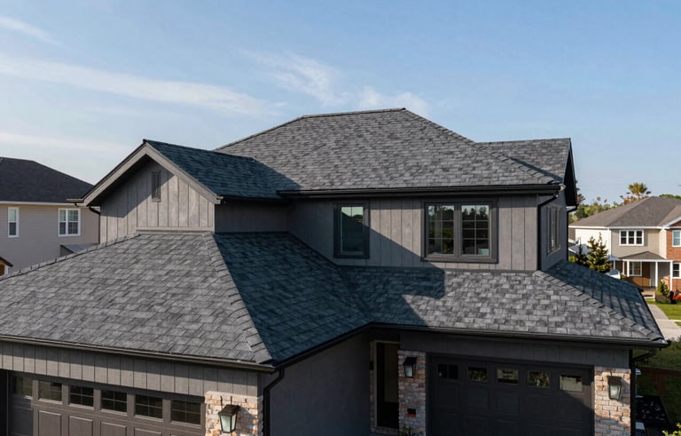 A wide angle shot of a beautifully restored modern home in a North American neighborhood, featuring a brand-new roof with deep charcoal gray shingles under a clear sky, emphasizing high-end craftsmanship and curb appeal.