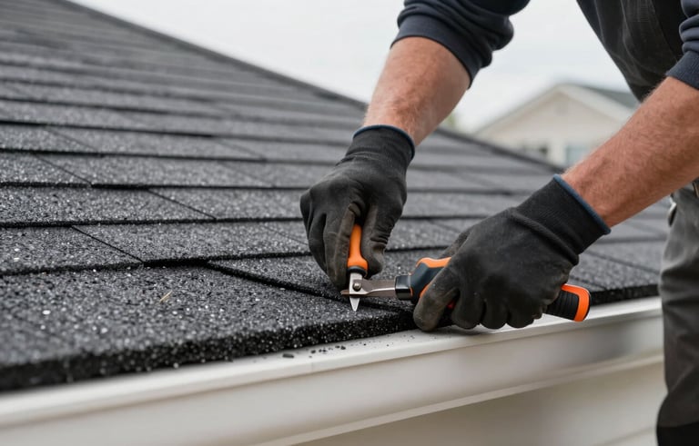 Close-up of a skilled contractor in work gloves carefully installing high-quality asphalt shingles on a residential North American house, precision tools visible, clean and modern aesthetic with deep gray and off-white tones.