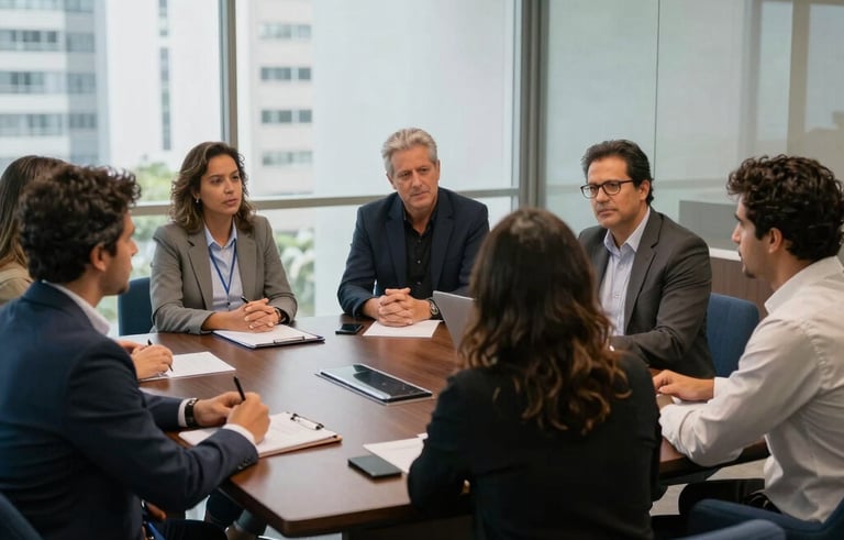 A collaborative strategy session in a glass-walled meeting room in Sao Paulo. Brazilian professionals discuss a project, with Dark Slate Blue furniture and clean, authoritative lighting.