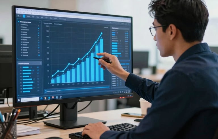 A focused professional in a modern South American coworking space, analyzing growth charts on a high-resolution screen with Bright Blue data visualizations. Minimalist and sharp style.