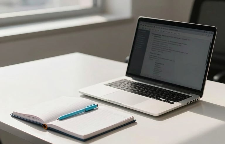 A clean and bright workspace in a modern Brazilian agency. An off-white desk holds a sleek laptop and a notebook, with Sky Blue stationery accents. Natural morning light filters through a window, creating a professional and minimalist atmosphere.