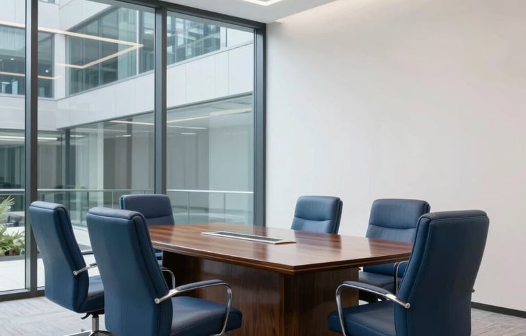 A professional wide-angle shot of a modern glass-walled boardroom in a US corporate building. Sleek slate blue leather chairs, a polished mahogany table, and clean white walls. The lighting is bright and authoritative.