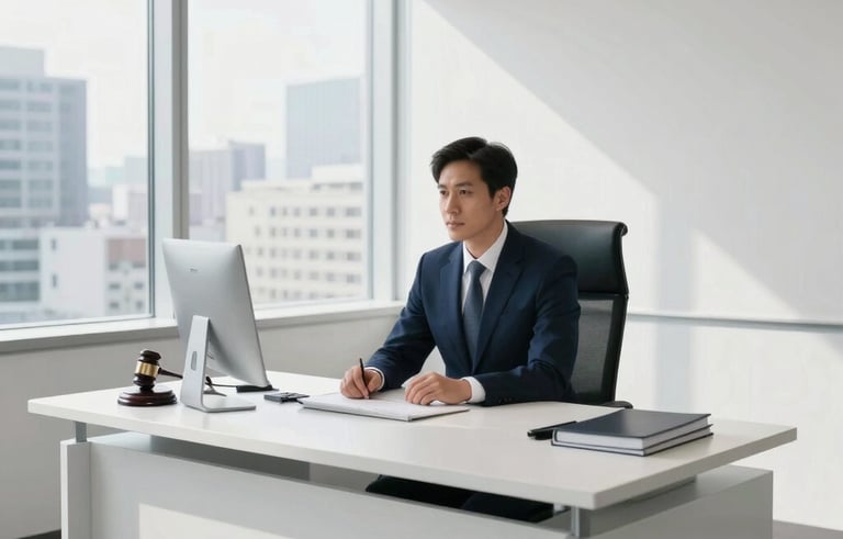 A sharp, high-contrast photograph of a professional lawyer sitting in a bright, modern North American legal office. Clean white desk, large windows with a city view, professional dark blue business attire, natural lighting, and white walls.